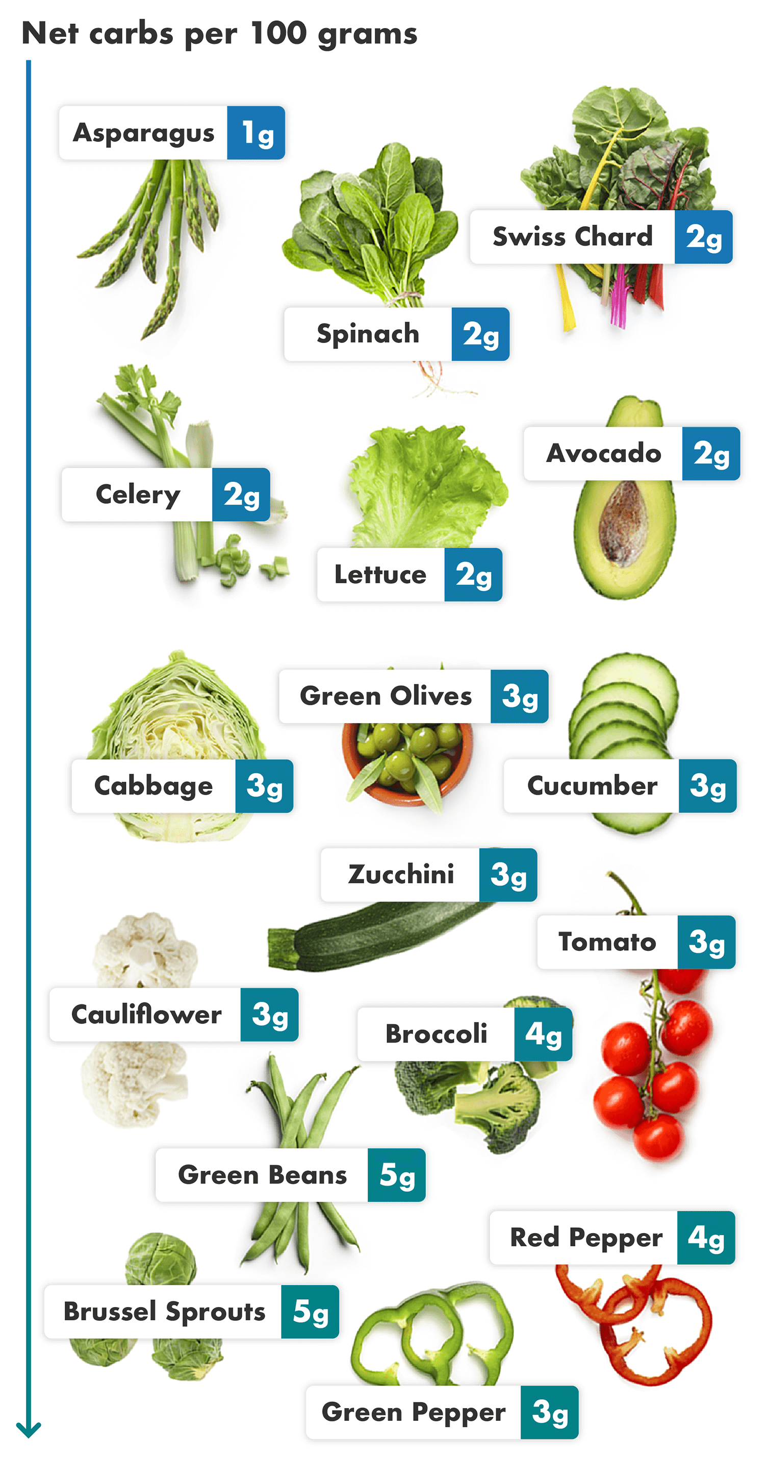 Layout of photos of the best keto vegetables with their net carb count overlaid. They are arranged in order of the least to most net carbs per 100 grams serving, starting with the vegetables with the least amount of carbs on the left.