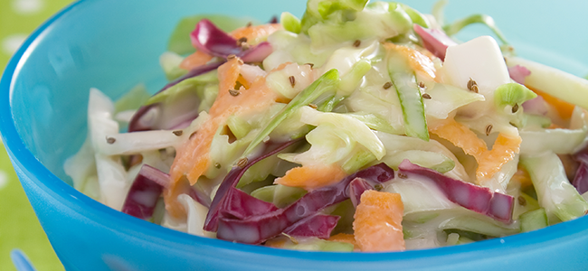 Close-up of a bowl of coleslaw.  